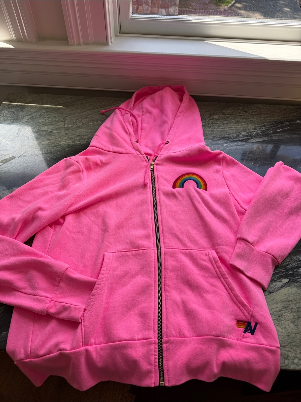 Aviator Nation Neon Hot Pink Rainbow Zip Hoodie